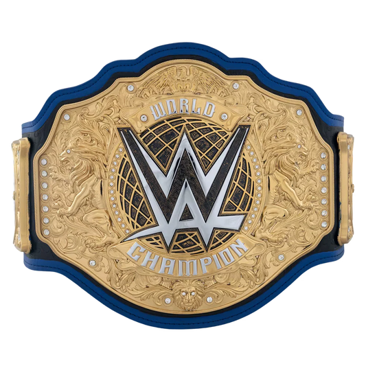 WWE World Champion belt featuring a large gold-toned central plate with the WWE logo, flanked by lion carvings and bordered by a blue strap, shown on a plain white background.