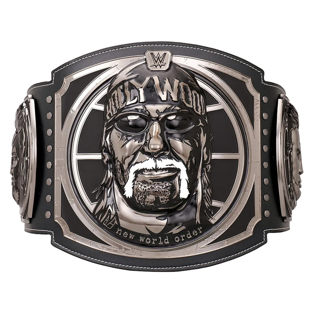 WWE WrestleMania 32 'Hollywood' Hulk Hogan championship belt featuring a large central portrait of Hulk Hogan with 'Hollywood' and 'new world order' text, on a black and silver strap with decorative side plates.