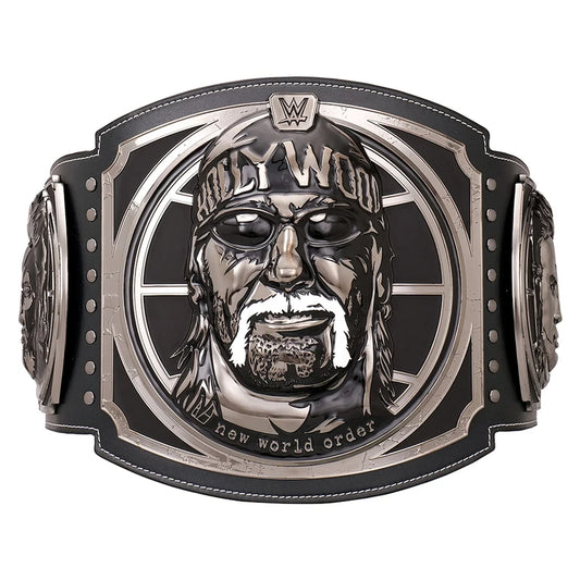 WWE WrestleMania 32 'Hollywood' Hulk Hogan championship belt featuring a large central portrait of Hulk Hogan with 'Hollywood' and 'new world order' text, on a black and silver strap with decorative side plates.