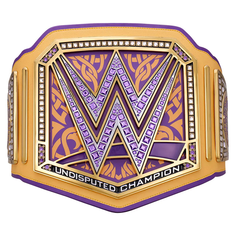 WWE Undisputed Champion belt featuring a large gold and purple design with a prominent 'W' emblem and 'UNDISPUTED CHAMPION' text on a white background.