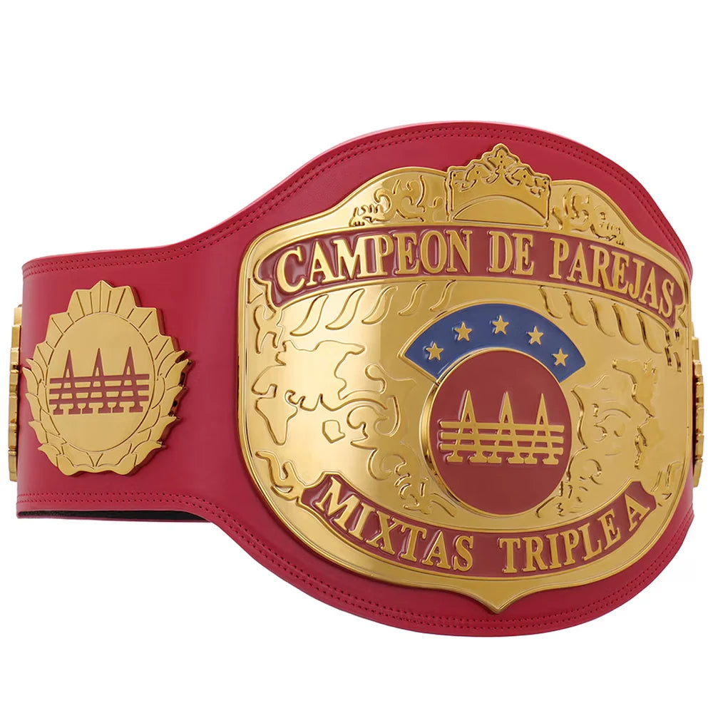Red championship belt with gold and blue emblem on a white background