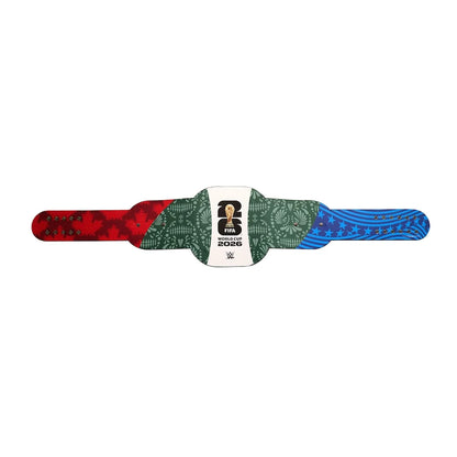 Colorful wristband with a pattern and text on a white background