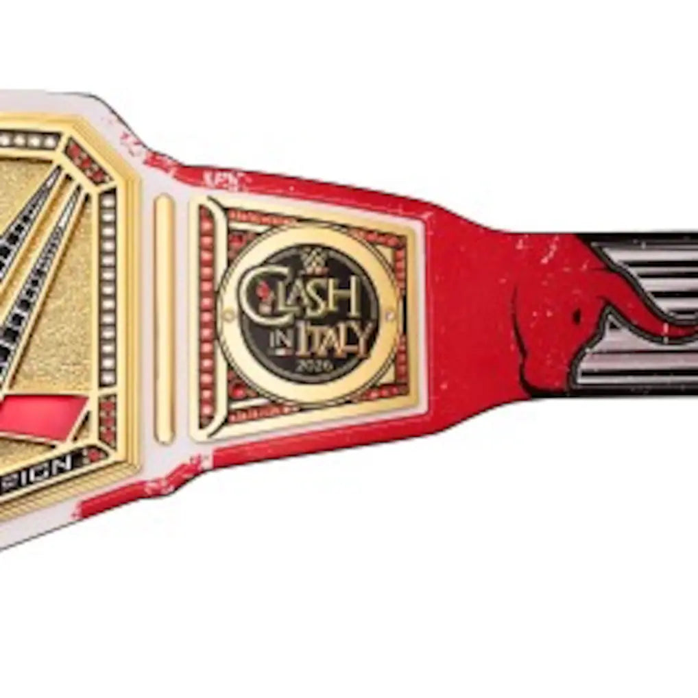 Red and gold championship belt with 'Clash in Italy' logo on a white background