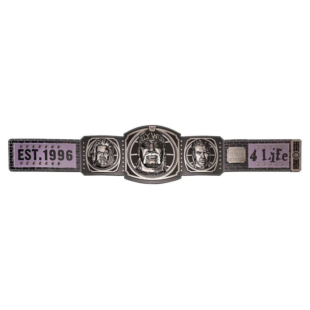 A replica championship belt featuring a central oval plate with a boxer's face, flanked by two round medallion plates and two rectangular end plates with purple panels reading 'EST. 1996' and '4 Life'.