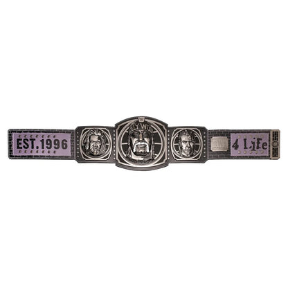 A replica championship belt featuring a central oval plate with a boxer's face, flanked by two round medallion plates and two rectangular end plates with purple panels reading 'EST. 1996' and '4 Life'.
