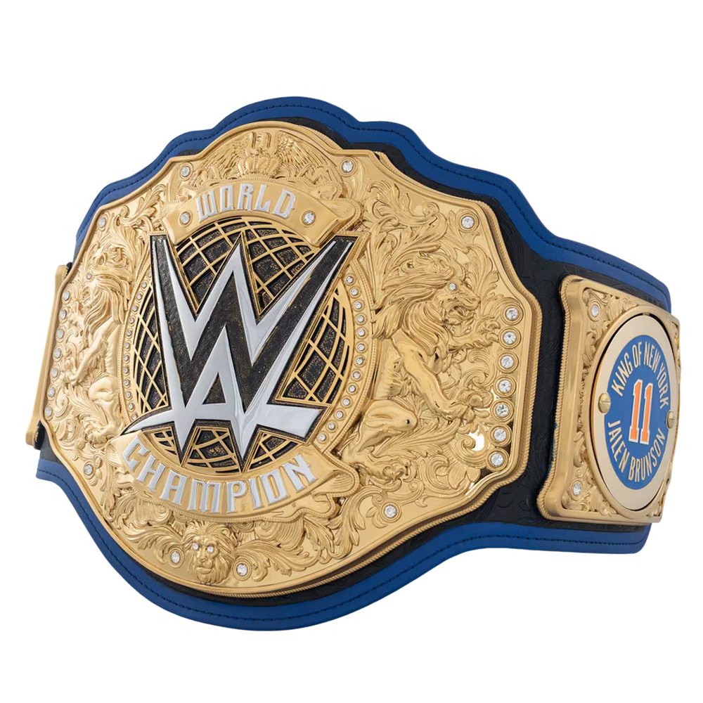 WWE World Champion belt featuring a large gold central plate with the silver and black WWE logo, surrounded by blue leather strap and smaller gold side plates on a white background.