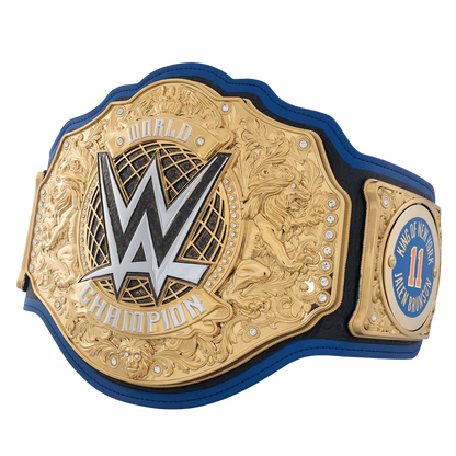 WWE World Champion belt featuring a large gold central plate with the silver and black WWE logo, surrounded by blue leather strap and smaller gold side plates on a white background.