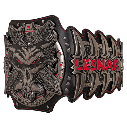A heavy metal wrestling belt featuring a detailed skull with red eyes, a horned motif, and the red text 'LES NAR' on a black and silver background with red stitching.