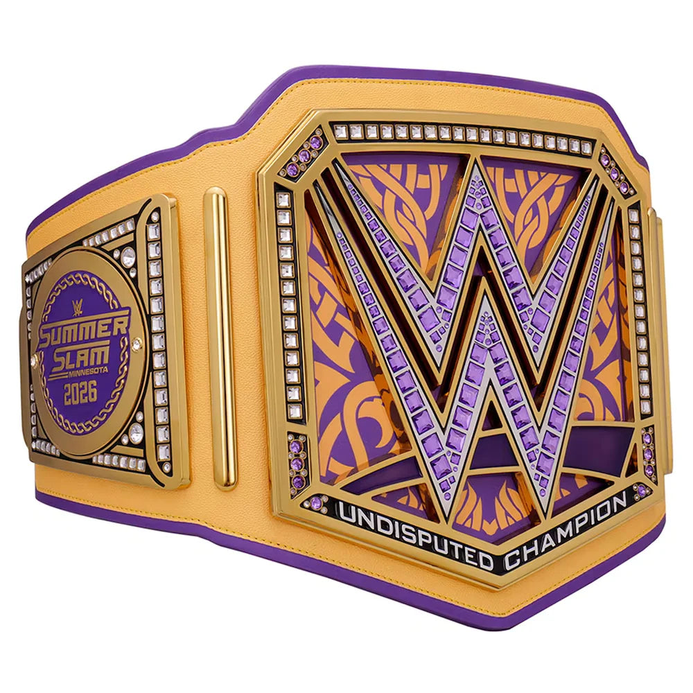 A WWE Summer Slam 2025 Undisputed Champion belt featuring a gold and purple design with rhinestone accents, shown on a plain white background.