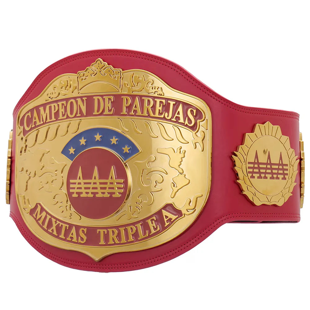 Red and gold championship belt with intricate designs on a white background