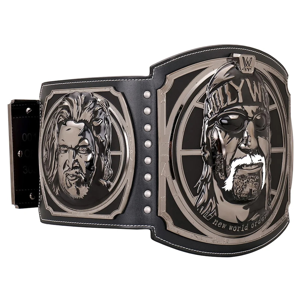 A WWE World Heavyweight Championship belt featuring a black leather strap and large silver-toned metal plates with engraved portraits of Ric Flair and the text 'WWE' and 'World Heavyweight Championship'.