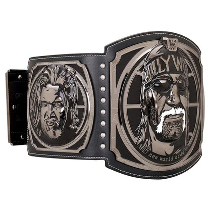 A WWE World Heavyweight Championship belt featuring a black leather strap and large silver-toned metal plates with engraved portraits of Ric Flair and the text 'WWE' and 'World Heavyweight Championship'.