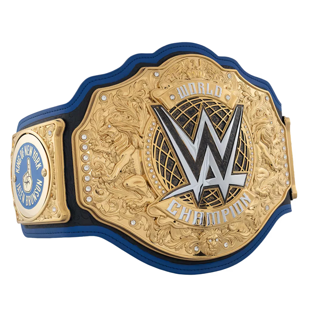 WWE World Champion belt featuring a large gold-toned central plate with the WWE logo, blue leather strap, and a smaller blue and gold insert plate on the left.