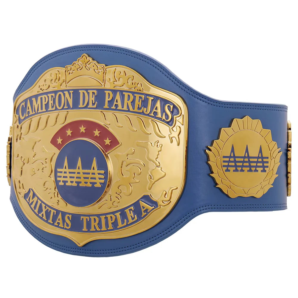 Blue championship belt with gold and blue emblem on a white background
