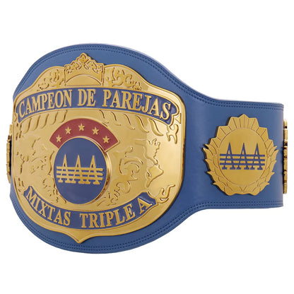 Blue championship belt with gold and blue emblem on a white background