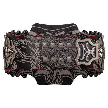 A wide black leather cuff bracelet featuring a detailed silver-toned skull and dragon design, red contrast stitching, and pyramid studs, shown against a plain white background.