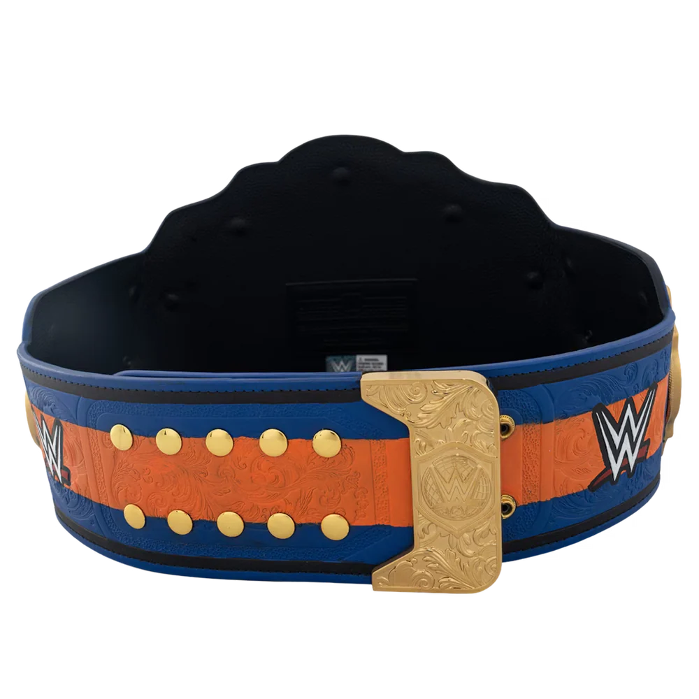 A WWE championship belt featuring a blue and orange textured strap, gold studs, and a large ornate gold buckle, shown against a plain white background.
