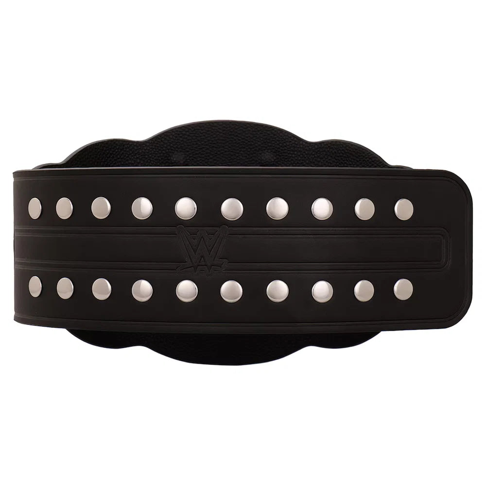 A black leather weightlifting belt with silver metal rivets and a central embossed logo, shown against a plain white background.