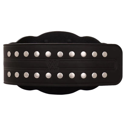 A black leather weightlifting belt with silver metal rivets and a central embossed logo, shown against a plain white background.