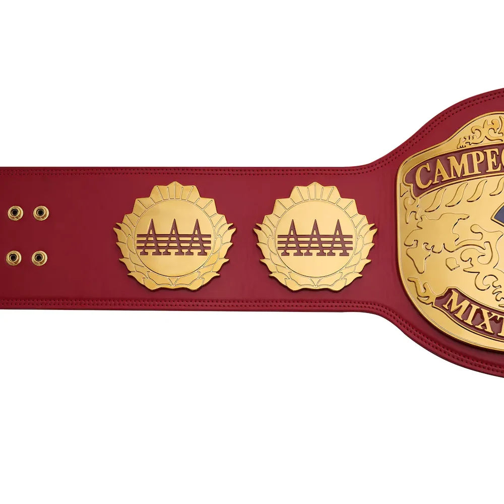 Red championship belt with gold medallions on a white background