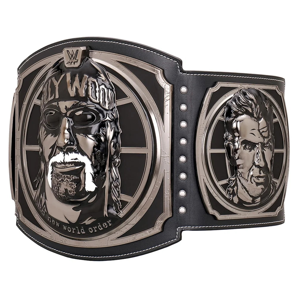 A replica of the WWE Flyweight World Championship belt, featuring a black leather strap with silver-toned metal plates engraved with the faces of Ricky Reyes and Shawn Michaels.