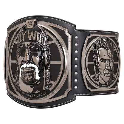 A replica of the WWE Flyweight World Championship belt, featuring a black leather strap with silver-toned metal plates engraved with the faces of Ricky Reyes and Shawn Michaels.