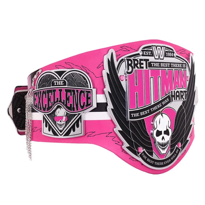Pink belt with black and white designs and text on a white background