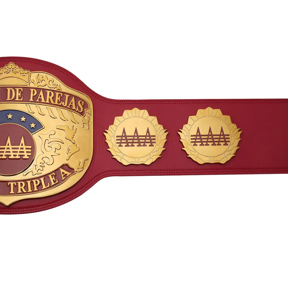 A red and gold championship-style belt shown on a plain white background, with a large decorative front plate and two matching circular medallions on the strap.