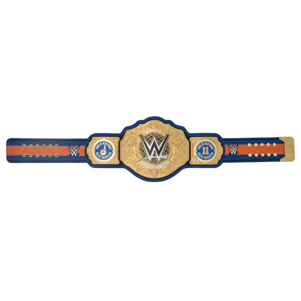 A WWE championship belt with a large gold central plaque, blue trim, and orange-red side panels on a plain white background.