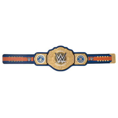 A WWE championship belt with a large gold central plaque, blue trim, and orange-red side panels on a plain white background.