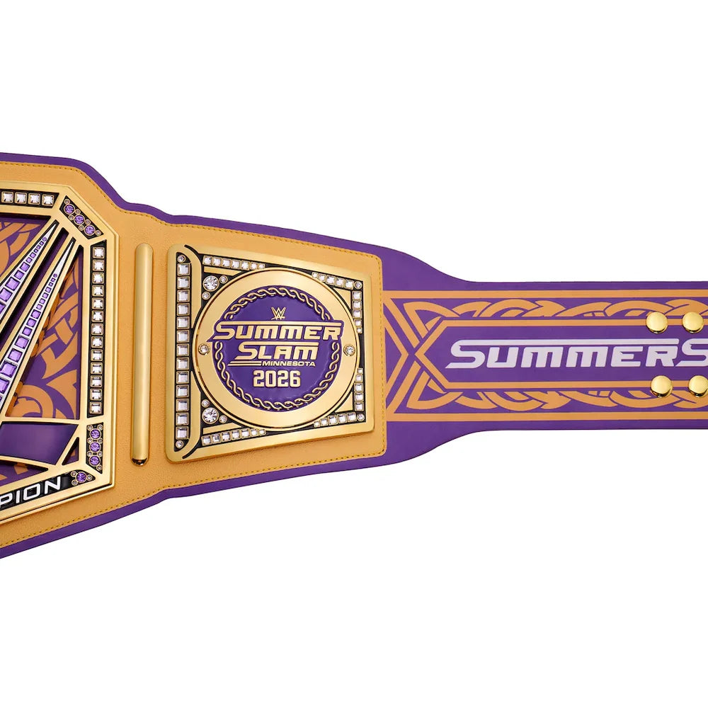 A close-up of a purple and gold WWE Summer Slam 2026 championship belt on a plain white background.