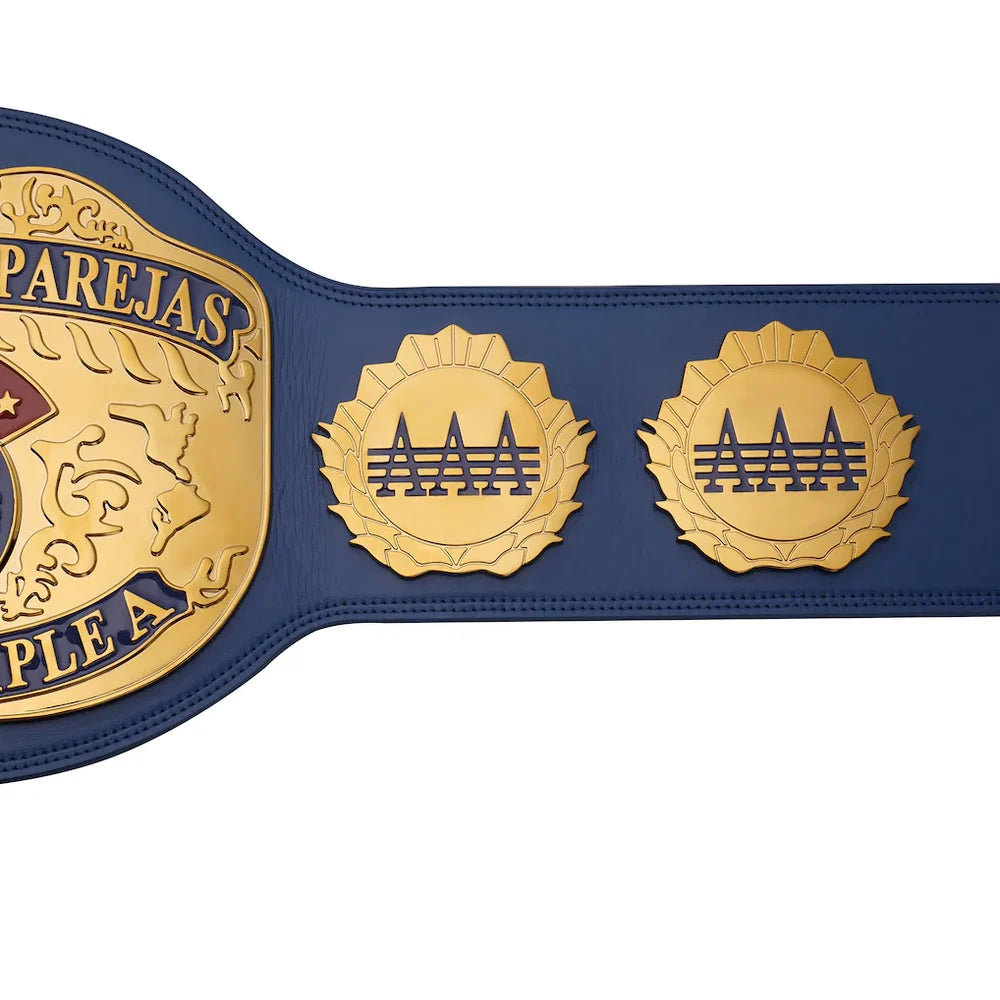 Wrestling championship belt with gold and blue design on a white background