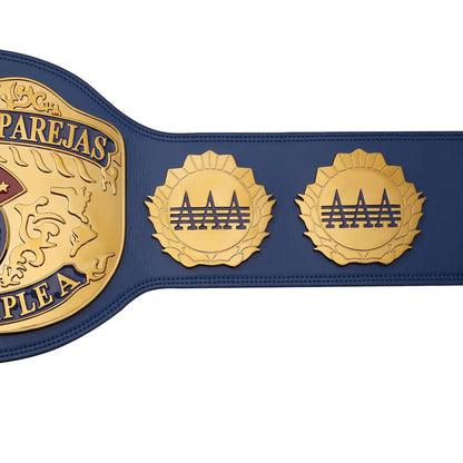 Wrestling championship belt with gold and blue design on a white background