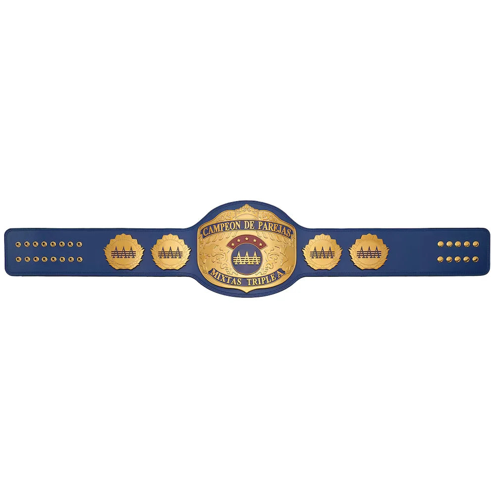 A championship belt with a royal blue strap and gold-toned metal plates, featuring the text 'CAMPEON DE PACHECO' and 'MAYAS TRIVELA' on a plain white background.