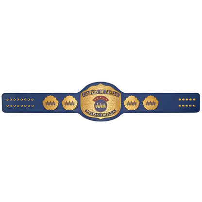 A championship belt with a royal blue strap and gold-toned metal plates, featuring the text 'CAMPEON DE PACHECO' and 'MAYAS TRIVELA' on a plain white background.
