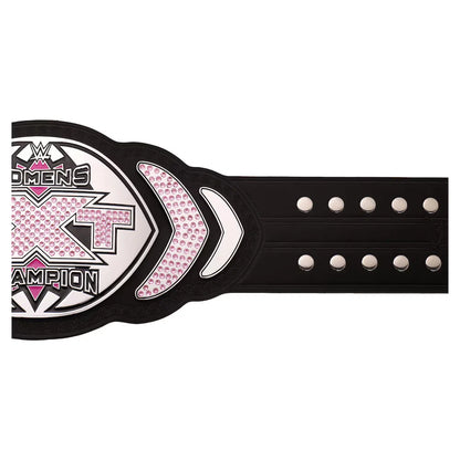 A black wrestling championship belt featuring pink rhinestone accents and silver-tone studs, shown against a plain white background.