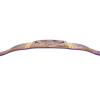 A purple and gold championship belt with intricate purple and gold detailing, shown against a plain white background.