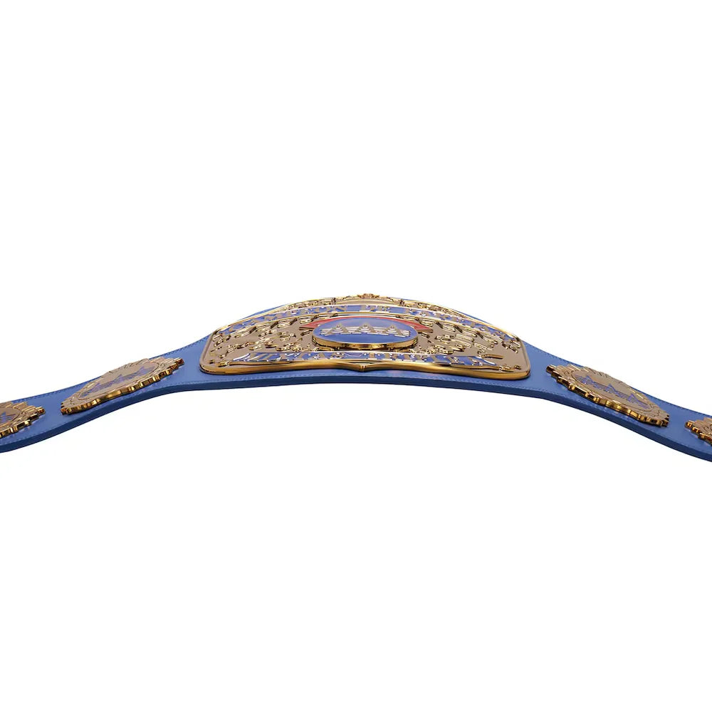 Blue championship belt with gold and purple accents on a white background