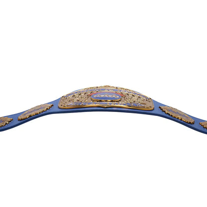 Blue championship belt with gold and purple accents on a white background