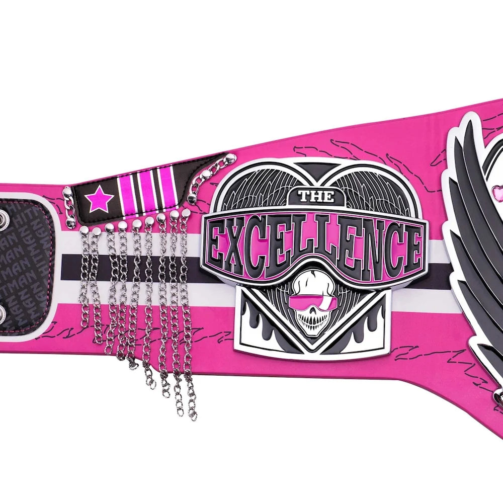 Pink belt with 'The Excellence' logo and chains on a white background