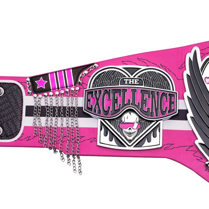 Pink belt with 'The Excellence' logo and chains on a white background