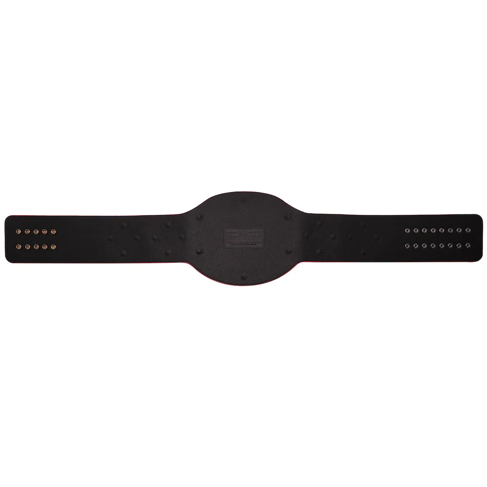 A black padded belt with a wide central strap and two narrower side straps, laid flat on a white background. Small metallic studs are visible on the side straps.
