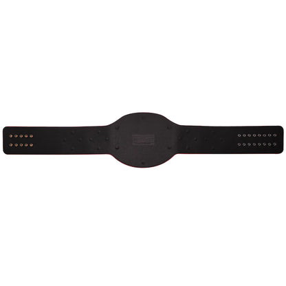 A black padded belt with a wide central strap and two narrower side straps, laid flat on a white background. Small metallic studs are visible on the side straps.