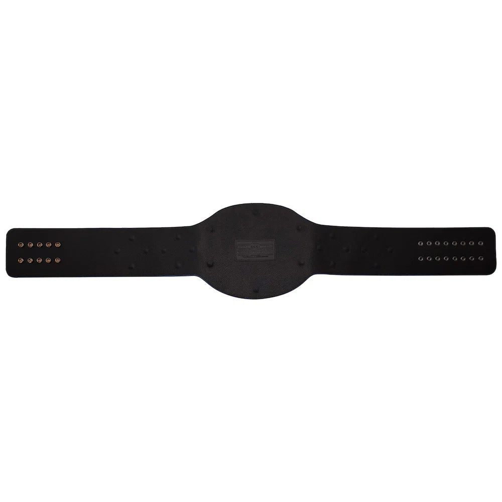 A black leather championship belt with a wide central plaque and matching straps, laid flat against a solid white background.
