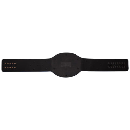 A black leather championship belt with a wide central plaque and matching straps, laid flat against a solid white background.