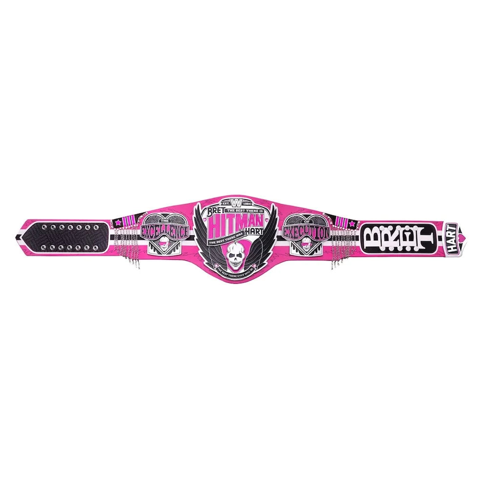 Pink championship belt with black and white text on a white background