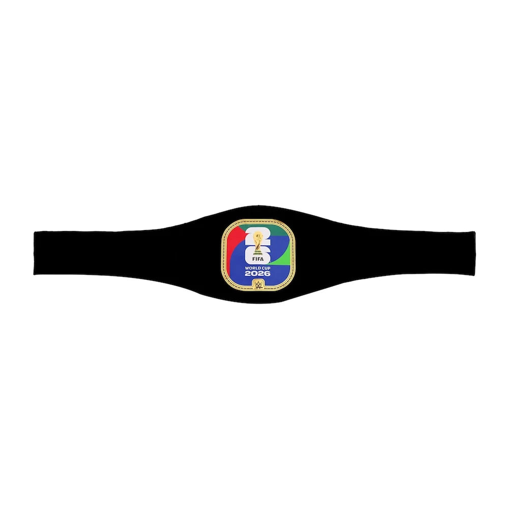 WWE x FIFA World Cup 2026 Championship Belt A black championship belt featuring a colorful central plaque with the text '2025 CHAMPION' and a gold border, shown on a plain white background.