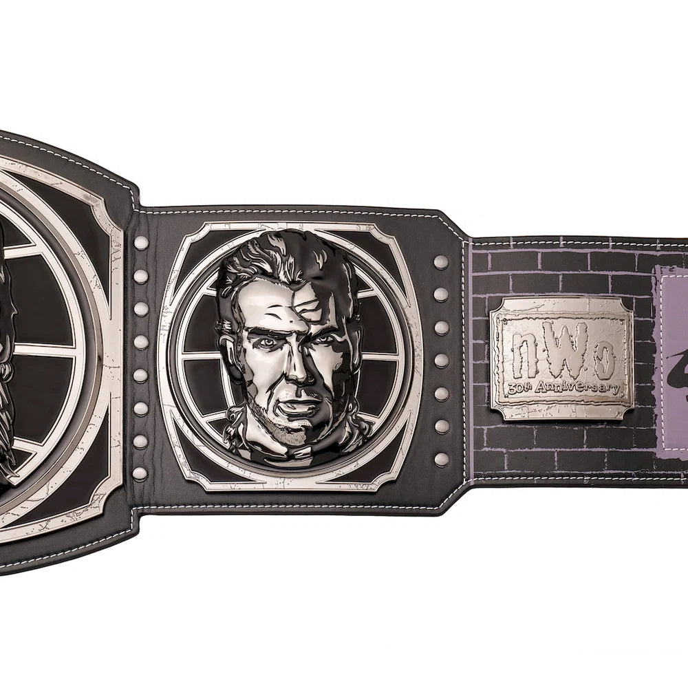 A close-up of a black and silver championship belt featuring an embossed portrait of Jim Ross in the center, with a 'DW' (Dana White) patch on the right side, set against a plain white background.