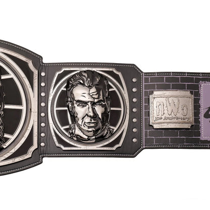 A close-up of a black and silver championship belt featuring an embossed portrait of Jim Ross in the center, with a 'DW' (Dana White) patch on the right side, set against a plain white background.