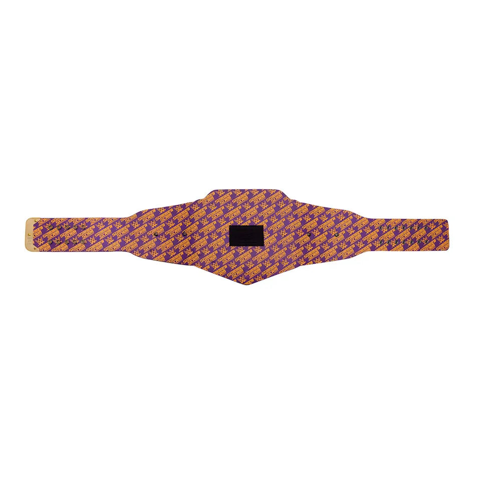A patterned waist trainer belt with a purple and gold geometric design, featuring a black hook-and-loop closure in the center, displayed flat against a white background.